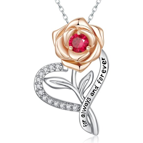 Heart Birthstone Necklace for Women with Rose Flower Pendant in White Gold and 5